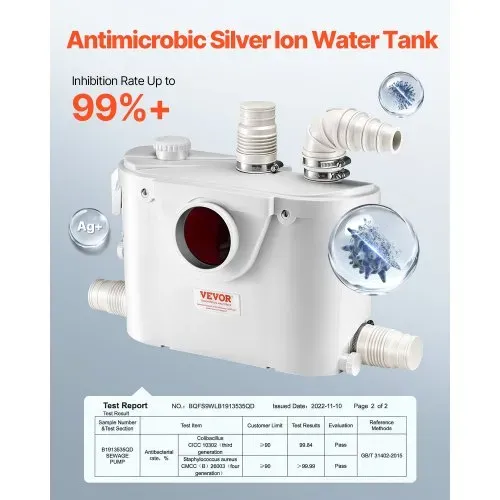 VEVOR Hebeanlage, 500 W, 110 L/min Durchfluss, 8 m Förderhöhe, Schmutzwasserpumpe mit 4 Wassereinlässen, Abwasserhebeanlage für Toilette, Keller, Dusche, Waschbecken, Waschküche, Badewanne – Bild 3