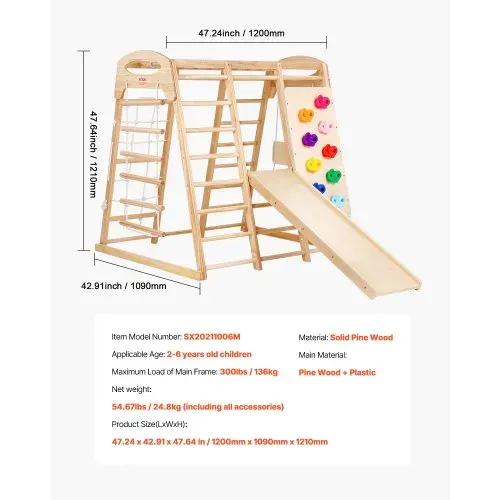 VEVOR Indoor Klettergerüst 7 in 1 Spielplatz für Kleinkinder, 120 x 109 x 121 cm, mit Holz- und Strickleiter Netzleiter Schaukel Klettergerüst Rutsche Kletterwand, Holz-Kletterspielzeug für Kinder – Bild 6