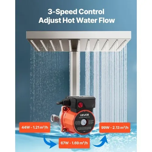 VEVOR Umwälzpumpe, 38 LPM, Umwälzpumpensystem mit sofortiger Zirkulation, 3-Gang-Steuerung, 100 W, AC 220–240 V, G3/4 Zoll auf G1/2 Zoll Adapter, Edelstahlkopf, für Warmwasserbereitersystem – Bild 2