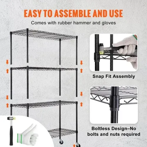 VEVOR Lagerregal mit Rädern, 4-stufig verstellbar, 700 lbs Kapazität, robuste Garagenregale, Metall-Organizer, Drahtregal, schwarz, 120 x 45 x 188 cm für Küche, Speisekammer, Keller, Badezimme – Bild 3