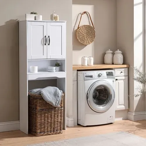 VEVOR Toilettenschrank Badezimmerschrank mit Doppeltür & verstellbarem Regal, platzsparender 3-stöckiger Badschrank über der Toilette mit offenem Regal, 600x210x1651 mm Aufbewahrungsschrank Weiß – Bild 7
