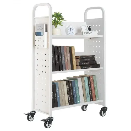 VEVOR Bücherwagen, 150 kg Tragkraft, Bibliothekswagen, 77 x 38 x 122 cm, einseitiges V-förmiges Bücherregal mit Doppelbremsrollen, für Wohnzimmer, Büro, Schule, Weiß – Bild 9