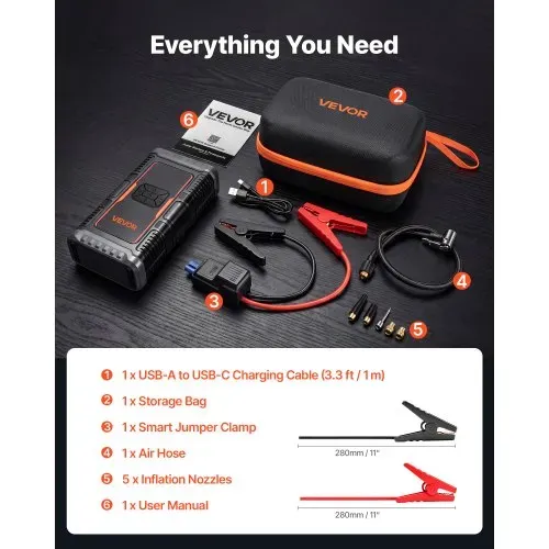 VEVOR Starthilfe Powerbank mit Luftkompressor 1600 A Spitzenleistung für 6,0-L-Benzin- / 3,0-L-Dieselmotoren, 150 psi Reifendruck, Automatische Abschaltung, 12-V-Ladegerät und LED-Taschenlampe – Bild 5