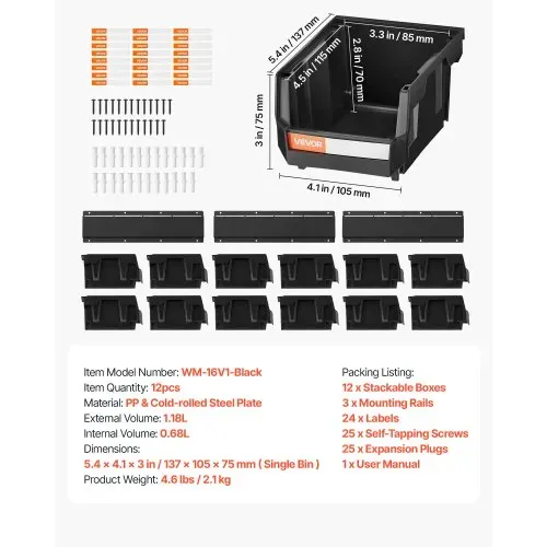 VEVOR Stapelboxen Wandmontage, 137x105x75mm (12er-Pack) & 3 Metallschienen, Sichtlagerboxen für Schrauben, Muttern, Bolzen, Nägel, Werkzeug-Organizer für Werkstatt, Bastelraum, Garage, Schwarz – Bild 6