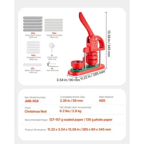 VEVOR Buttonmaschine Knopfmachermaschine Badge Punch Press 58 mm rund, Pinmaker mit 100 Knopfteilen & Kreisschneider & verstärkter ergonomischer Griff, DIY Badge Press Machine Button Maker Rot – Bild 6