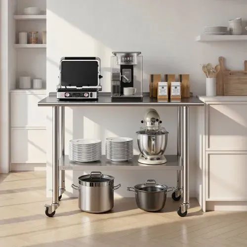 VEVOR Edelstahltisch Gastro 1220 x 610 x 894 mm, Verstellbarer Edelstahltisch mit Rollen, Aufkantung (30 mm), Arbeitstisch mit Grundboden für Restaurant Obere Ablage (245 kg) Untere Ablage (204 kg) – Bild 7