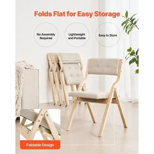 VEVOR Klappstuhl Gartenstuhl mit gepolstertem Kissen & Holzrahmen 4 Stk. moderner Esszimmerstuhl für Küche Büro Party, Küchenstuhl bis 180 kg belastbar (pro) faltbar Beige + weiß platzsparend – Bild 3