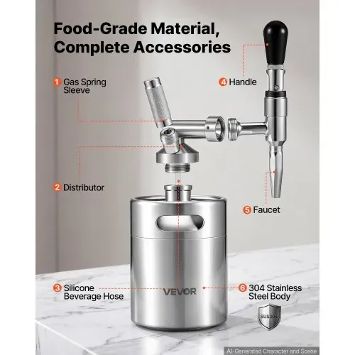 VEVOR Nitro-Cold-Brew-Kaffeefass 2 L, Edelstahl-Kaffeemaschine mit Zapfhahn, Heimbrüh-Kaffeefass, Tragbares Kaffeefass mit Spender und Druckentlastungsventil, Geeignet für Kaffeeliebhaber – Bild 2