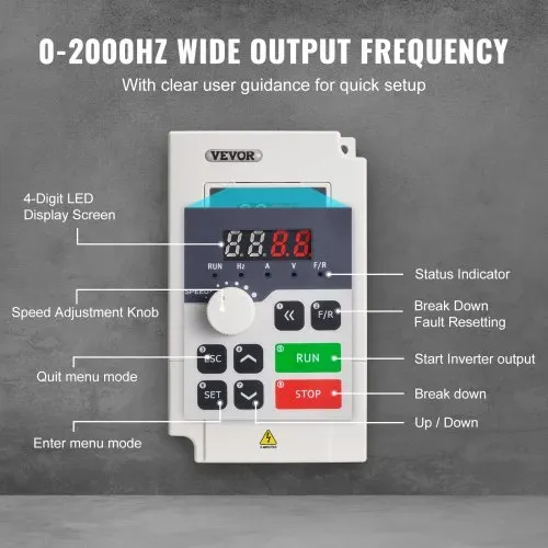 VEVOR Frequenzumrichter VFD 3 PS, 2,2 kW, 5 A, 3-Phasen-Wechselstrom, 380 V Eingang auf 3-Phasen-Wechselstrom, 0 – 380 V Ausgang, Frequenzumwandler, 50/60 Hz Eingang, 0 – 2000 Hz Ausgang – Bild 2
