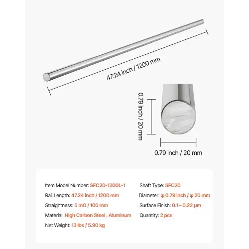 VEVOR Linearwellen, 20x1200 mm, Präzisionswelle aus SFC20-Kohlenstoffstahl, rostfrei & hochpräzise, Welle mit hoher Härte, Runde Stange für Schneid-, Schleif-, Fräs- & Bohrmaschinen, 2er-Pack – Bild 6