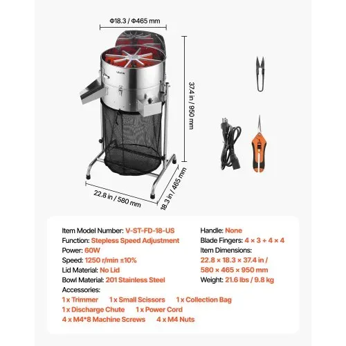 VEVOR Elektrische Erntemaschine, 465 mm Knospenschneider mit Edelstahlklingen & einstellbarer Geschwindigkeit, Hydrokultur-Schneidemaschine mit Auffangbeutel, Handschere, für Blätter & Knospen – Bild 6