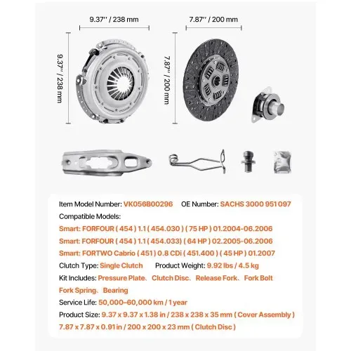 VEVOR Kupplungssatz mit Druckplatte Kupplungssatz, OEM-Ersatz-Getriebekupplungssatz, kompatibel mit 2004–2006 Smart FORFOUR (75 PS), 2005–2006 FORFOUR (64 PS), 2007 FORTWO Cabrio – Bild 6