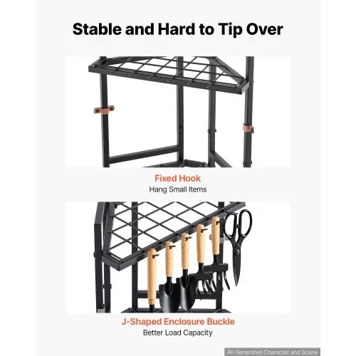 VEVOR Gartengeräte Ständer 410x275x610mm Gerätehalter für Ecke Schwarz, Aufbewahrungsregal für Garage Garten, Organizer aus Stahl für Besen Mopp Rechen, mit Doppelschichtschlitzen & Nivellierfüßen – Bild 4