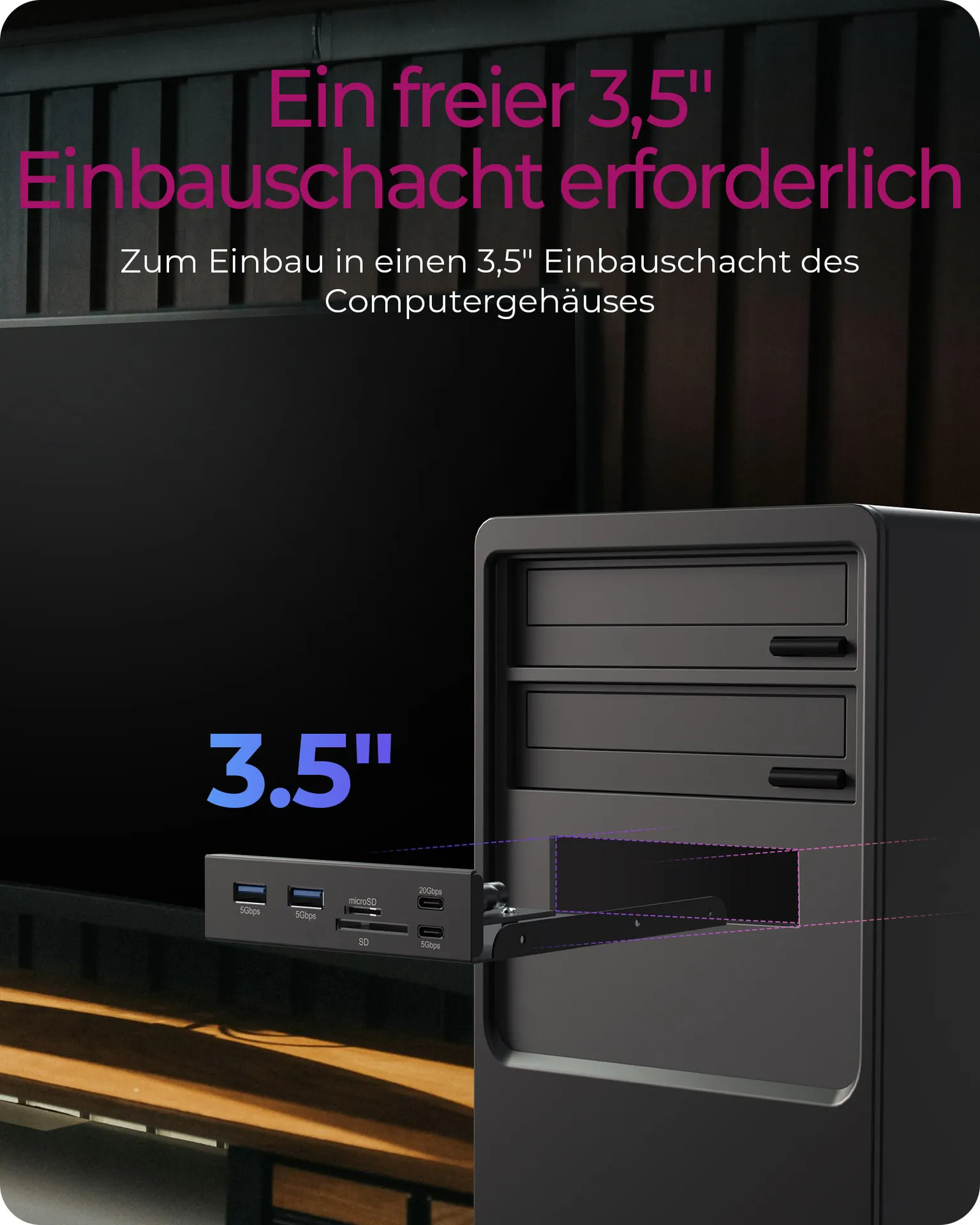ICY BOX IB-HUB1419-i3, Front panel 3,5" mit USB Hub und Kartenleser, 2x USB-A 5 Gbit/s, 1x USB-C 5 Gbit/s, 1x USB-C 20 Gbit/s, 1x SD und 1x microSD 3.0 – Bild 7