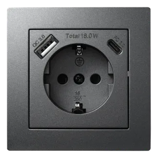 Schutzkontakt-Steckdose McPower “Flair“ 1x USB-C 18W PD, 1x USB-A, anthrazit Schutzkontakt-Steckdose McPower “Flair“ 1x USB-C 18W PD, 1x USB-A, anthrazit