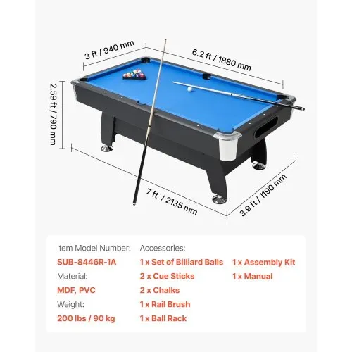 VEVOR Billardtisch 213 cm moderner Spieltisch mit verstellbaren Füßen, komplettes Set inkl. Bällen/Queues/Ständer/Kreide/Bürste, für Spielzimmer Freizeiträume schwarz mit blauem Tuch – Bild 6