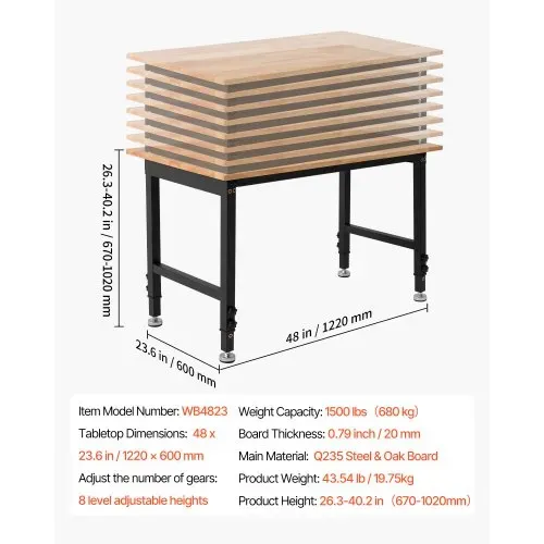 VEVOR Werkbank, 680 kg, Werkstatttisch 122x60 cm große Arbeitsplatte aus Eichenholz, Arbeitstisch mit 67–102 cm Höhenverstellung, Werktisch für Garage, Werkstatt, Zuhause, Büro & Gewerbe – Bild 6