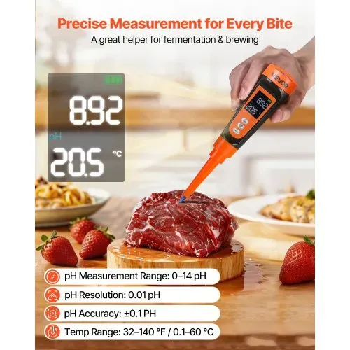 VEVOR pH-Meter für Lebensmittel, Messbereich 0–14, Wasserdichte Sonde (IP68), Messgerät mit Automatischer Temperaturkompensation, Kalibrierpulver, für Lebensmittelfermentation, Teig & Fleisch VEVOR pH-Meter für Lebensmittel, Messbereich 0–14, Wasserdichte Sonde (IP68), Messgerät mit Automatischer Temperaturkompensation, Kalibrierpulver, für Lebensmittelfermentation, Teig & Fleisch