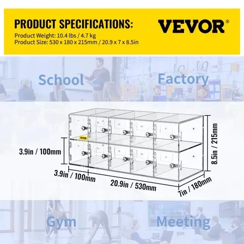 VEVOR Handy-Aufbewahrungsspind, 10 Fächer aus Acrylmaterial mit Türschlössern und Schlüsseln, Wandschrank, Taschenbüro, Klassenzimmer, Fitnessstudio, Box, Transparent – Bild 6