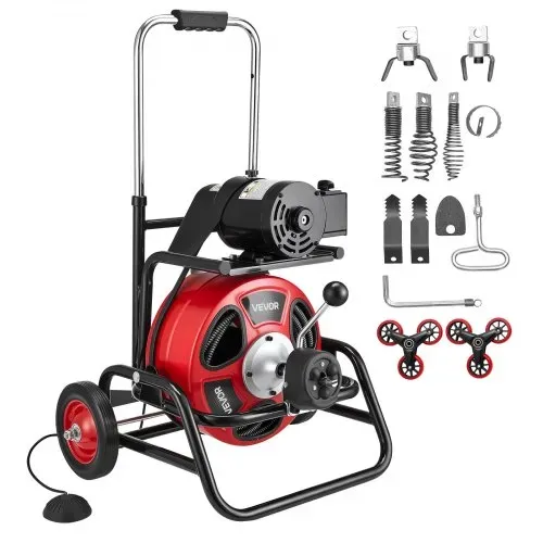 VEVOR Rohrreinigungsmaschine φ12,7mm x 30 m, Reinigungsspirale mit Automatischer Zufuhr, Kletterrädern, verstellbarer Trommel, 8 Schneidmessern & Fußschalter für Rohrdurchmesser von 50 bis 150 mm – Bild 8