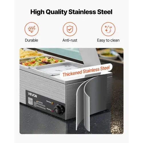 VEVOR kommerzieller Speisenwärmer (6 x 1/3 Größe Behälter), 1,5 kW elektrischer Wärmebehälter aus Edelstahl mit Glasabdeckung & Suppenkelle, Chafing Dishes für Catering Restaurant Party – Bild 4