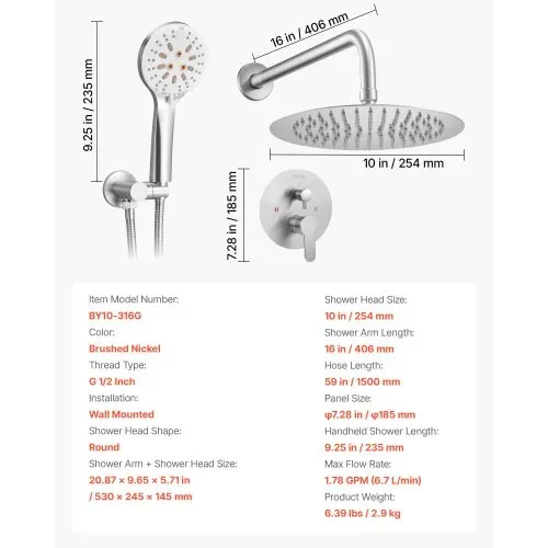 VEVOR Duscharmatur Regenduschsystem fürs Badezimmer Duschsystem mit 254 mm runden Regenduschkopf & Handbrause, wandmontierte Badezimmerarmaturen mit Messingventil & Zierset, gebürstetes Nickel – Bild 6
