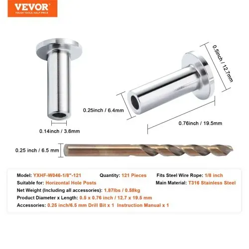 VEVOR 121er-Pack T316-Edelstahl-Schutzhülsen für 0,3175 cm Drahtseilkabel – Bild 6