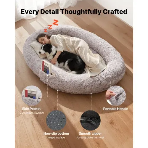 VEVOR Hundebett für Menschen, 1710x1000x240 mm, Memory-Schaum-Hundebett in Menschengröße, mit Seitentasche, Griff & Reißverschluss, abnehmbarer, maschinenwaschbarer Bezug, Hochflor, Grau – Bild 3
