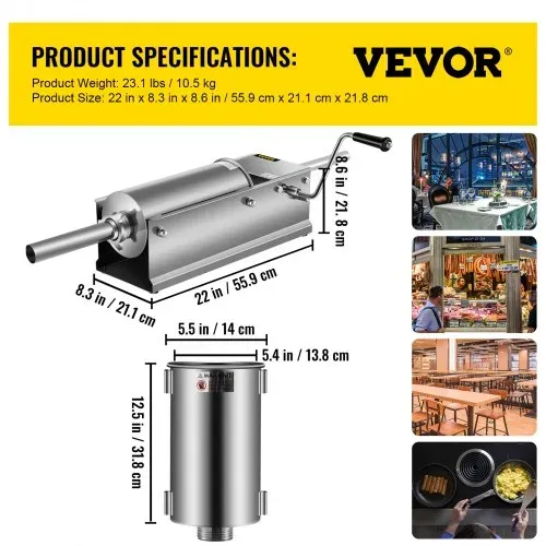 VEVOR Wurstfüller 5L Fleischwölfe Wurstmaschine Wurstfüllmaschine Horizontal Edelstahl Wurstspritze – Bild 6