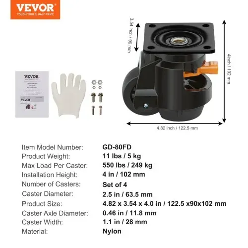 VEVOR Nivellierrollen, verstellbare, auf einer Platte montierte Nylonrolle, 997,9 kg, 4er-Set – Bild 6