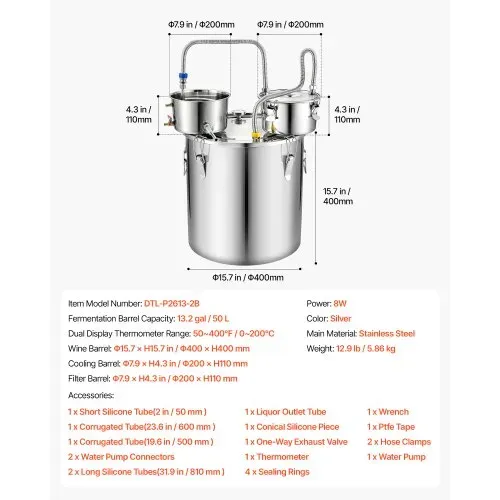 VEVOR Distillieranlage 50 L mit Thumper-Fass Wasserpumpe Thermometer Silber, Destillationsset mit Doppelskala-Thermometer für Whisky, Wein und Brandy, Destillierer-Heimbrauset für Hobby und Küche – Bild 6