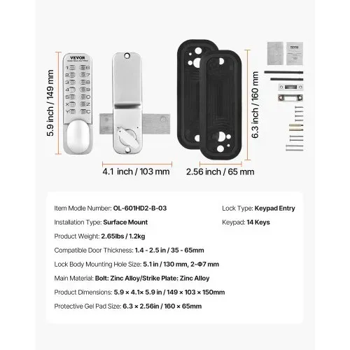 VEVOR mechanisches schlüsselloses Türschloss mit einseitiger Tastatur (14 Tasten), schlüsselloses Türschloss mit Drehknopf, Codeschloss für Haus Büro Außenzaun Hof Silber (35-65 mm dicke Tür) – Bild 6