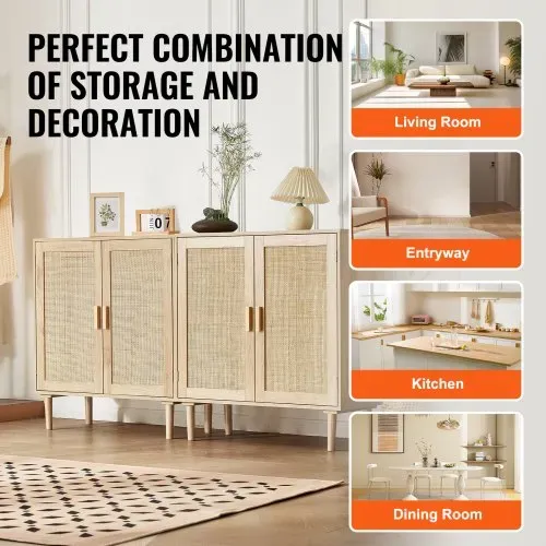 VEVOR Rattanschrank Rattankommode 2 Stk. Aufbewahrungsschrank mit 4 magnetischen Türen, Sideboard Buffetschrank mit verstellbaren Regalen, Ideal für Flur Eingangsbereich Wohnzimmer oder Küche – Bild 5