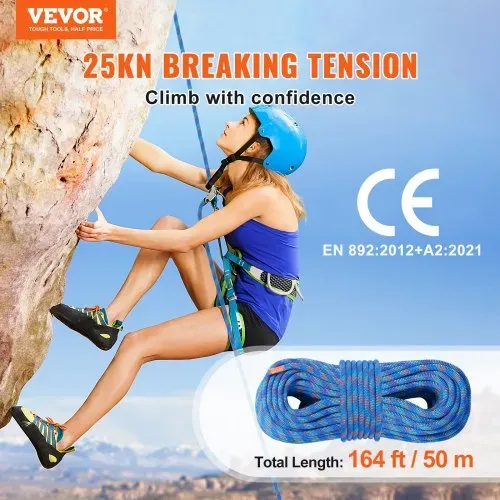 VEVOR 10,2 mm dynamisches Kletterseil, 50 m (164 Fuß) Outdoor-Kletterseil, 25 kN Bruchspannung, dehnbares Faserseil mit Stahlkarabinerhaken für Flucht, Abseilen, Brandrettung, Blau VEVOR 10,2 mm dynamisches Kletterseil, 50 m (164 Fuß) Outdoor-Kletterseil, 25 kN Bruchspannung, dehnbares Faserseil mit Stahlkarabinerhaken für Flucht, Abseilen, Brandrettung, Blau