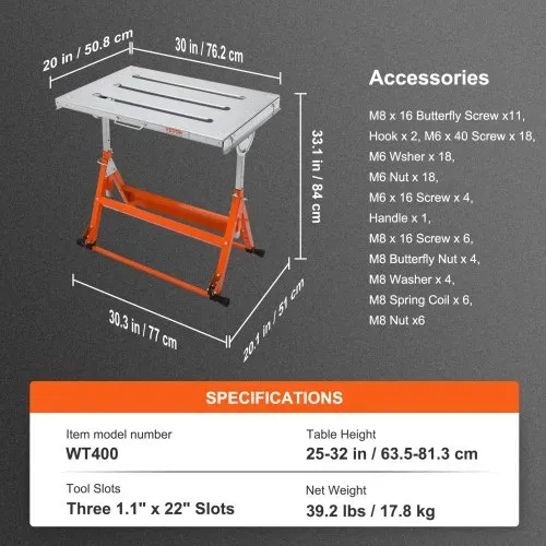 VEVOR Schweißtisch klappbar 76,2x50,8cm Werktisch 181kg Tragfähigkeit Höhenverstellbar von 63,5 bis 81,3cm Einstellbarer Winkel 0°/30°/90° Werkbank Kohlenstoffstahl Werkstatttisch mit Rädern – Bild 6
