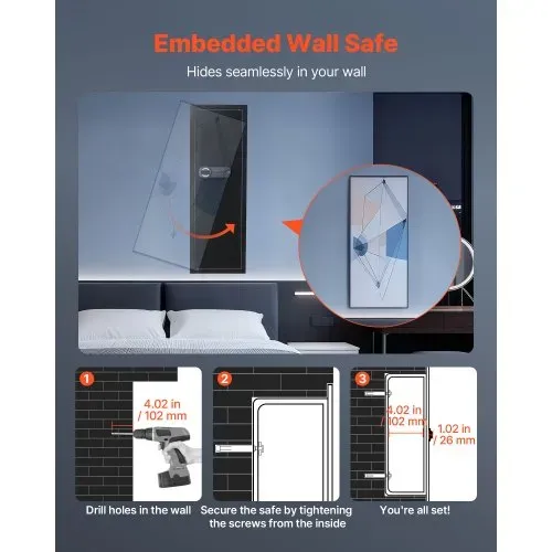 VEVOR Wandsafe Wandtresor mit Passwort & Schlüssel, Einbaugehäuse aus kaltgewalztem Stahl Q235 mit verstellbaren Ablagen & LED-Beleuchtung, Einbausafe Schranktresor für Geld Schmuck Reisepass – Bild 5