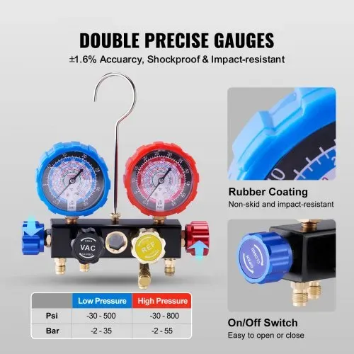 VEVOR Kältemittel Manometer 4-Wege Auto Kältemittel Verteiler Messgeräteset, R134A-R12-R410A-R22 AC 4 Stk. 1524 mm Ladeschläuche Kältemittel Manifold Messgerät AC-Diagnosewerkzeuge Autoklimaanlagen – Bild 4