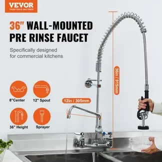 VEVOR Kommerzieller Wasserhahn mit Vorspülbrause, 915 Höhe, 30,5 cm Schwenkauslauf, Küchenspülenarmatur zur Wandmontage, Gerät aus Messing mit Ausziehbarer Brause, für 1/2/3-Fach-Spüle VEVOR Kommerzieller Wasserhahn mit Vorspülbrause, 915 Höhe, 30,5 cm Schwenkauslauf, Küchenspülenarmatur zur Wandmontage, Gerät aus Messing mit Ausziehbarer Brause, für 1/2/3-Fach-Spüle