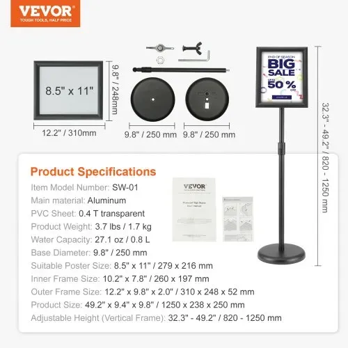 VEVOR Informationsständer mit Sockel 279 x 216 mm Infoständer Einstellbare Höhe 820-1250 mm Posterständer, Robuster Schilderhalter Aufsteller Gefüllt mit Sand oder Wasser, für Displays, Werbung – Bild 6