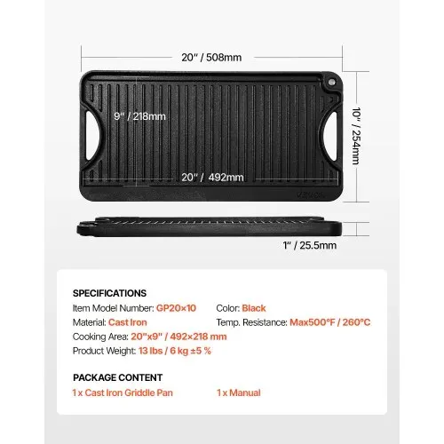 VEVOR wendbarer Grillplatte Bratpfanne Griddle aus Gusseisen (492 x 218 mm), tragbare rechteckige Pfanne mit Griff, Familienkochgeschirr für Herdplatten drinnen/draußen Grill, schwarz – Bild 6