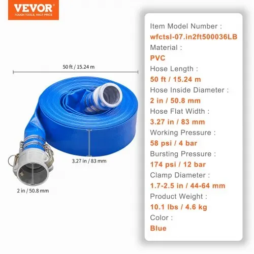 VEVOR Industrieschlauch 51 mm x 15,24 m Flachschlauch PVC Feuerwehrschlauch 58 PSI(4 bar) Arbeitsdruck Abwasserschlauch 174 PSI(12 bar) Berstdruck Bauschlauch mit Camlock-C-/E-Anschlüssen, 4 Klemmen – Bild 6