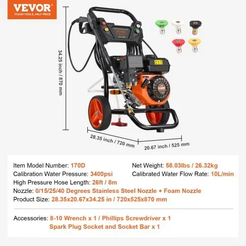 VEVOR Benzin-Hochdruckreiniger, 3400 PSI 2,6 GPM, Terrassenreinger 10 L/min mit Aluminiumpumpe, Hochdruckpistole & Verlängerungsstab, 5-Düsen-Set, für Autos, Zäune, Häuser, Terrassen, vertikal – Bild 6
