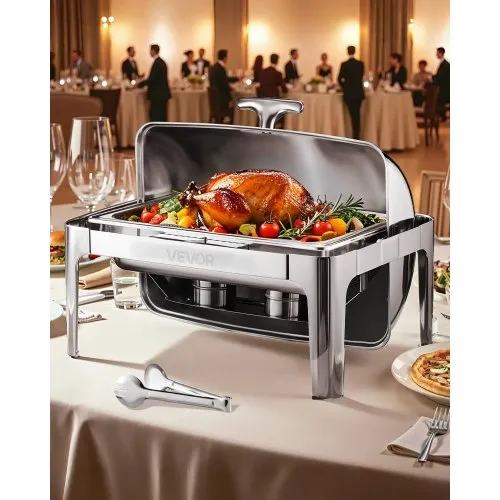 VEVOR Chafing Dish Set Speisenwärmer Edelstahl mit Pfannen in voller Größe (8,5 L), rechteckiger Wärmespender mit Roll Top Deckel & Wasserpfannenständer & Brennstoffhalter, für Buffet Silber VEVOR Chafing Dish Set Speisenwärmer Edelstahl mit Pfannen in voller Größe (8,5 L), rechteckiger Wärmespender mit Roll Top Deckel & Wasserpfannenständer & Brennstoffhalter, für Buffet Silber