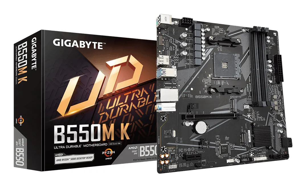 GIGABYTE B550M K Mainboard – AMD Ryzen 5000 CPUs, bis zu 4733 MHz DDR4, 1xPCIe 4.0 + 1xPCIe 3.0 M.2, 1GbE LAN, USB 3.2 Gen 1 GIGABYTE B550M K Mainboard – AMD Ryzen 5000 CPUs, bis zu 4733 MHz DDR4, 1xPCIe 4.0 + 1xPCIe 3.0 M.2, 1GbE LAN, USB 3.2 Gen 1
