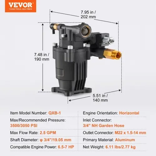 VEVOR Hochdruckreinigerpumpe, 3/4 Zoll Welle horizontal, 3500 PSI, 2,5 GPM, Ersatz-Hochdruckreinigerpumpen-Set mit 5 Düsen, Hardware und Siphonrohr, bis zu 150 Stunden, Hochdruckreiniger Ersatzpumpe – Bild 6