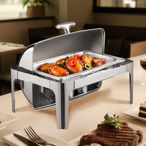 VEVOR Chafing Dish Set Speisenwärmer Edelstahl mit Pfannen in voller Größe (8,5 L), rechteckiger Wärmespender mit Roll Top Deckel & Wasserpfannenständer & Brennstoffhalter, für Buffet Silber – Bild 7