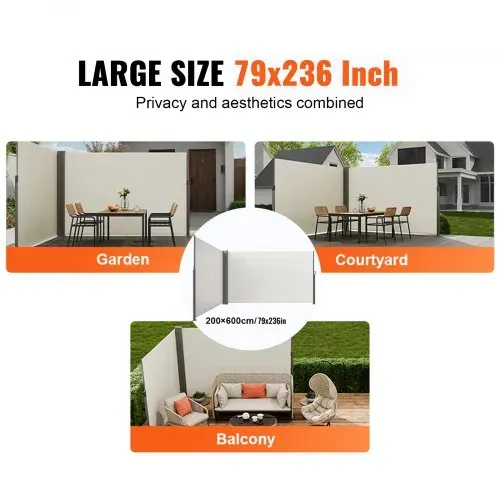 VEVOR Seitenmarkise 200 x 600 cm Seitenwandmarkise aus 180 g/m² Polyestergewebe mit PU-Beschichtung Markise einziehbarer Griff mit Federmechanismus Sichtschutz Blickschutz für Balkone Innenhöfe Beige – Bild 5