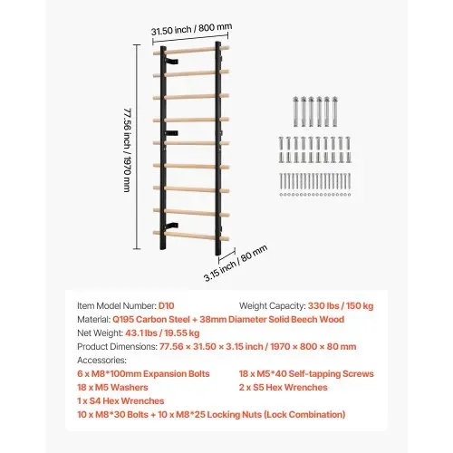 VEVOR schwedische Leiterwand 9-stufiges Kletterspielzeug Wandturnhalle aus Massivholz + Karbonstahl 150 kg belastbares Indoor-Klettergerüst mit 8 x 8 cm Power Rack-Zubehör Turnreck – Bild 6