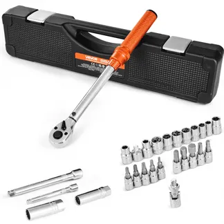 VEVOR Klick-Drehmomentschlüssel, 3/8 Zoll Antrieb 5-60 N.m, Zweiwege-Drehmomentschlüssel mit Stecknüssen & Verlängerung & Bohrer, 72 Zähne ±3 % hohe Präzision legierter Stahl für Autoreparatur VEVOR Klick-Drehmomentschlüssel, 3/8 Zoll Antrieb 5-60 N.m, Zweiwege-Drehmomentschlüssel mit Stecknüssen & Verlängerung & Bohrer, 72 Zähne ±3 % hohe Präzision legierter Stahl für Autoreparatur