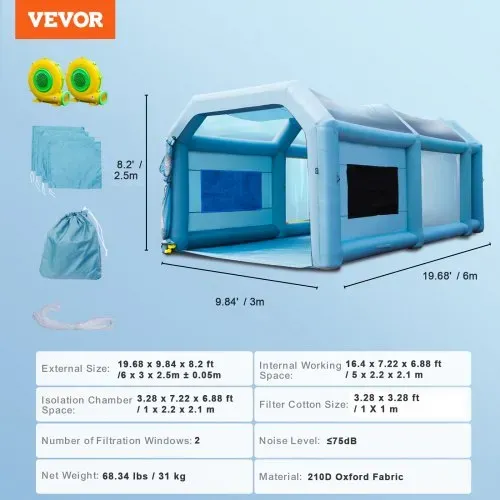 VEVOR Tragbares Aufblasbares Farbzelt für Sprühmalerei 480 + 750 W, 5 x 2,2 x 2,1 m Sprühschutz Farbkabine für DIY-Projekte, Hobby-Farbautomaten-Werkzeug, Blau 210D Oxford-Gewebe Auto Lackierkabine – Bild 6